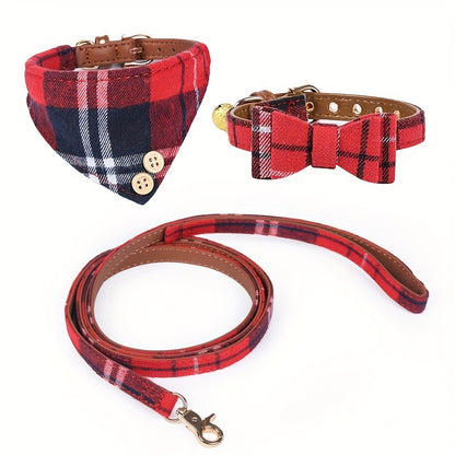 Collier chien- Plaid Leather Dog Collar Set with Bandana and Bowtie