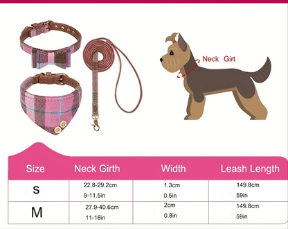 Collier chien- Plaid Leather Dog Collar Set with Bandana and Bowtie
