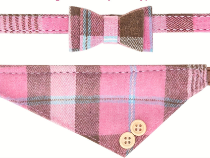 Collier chien- Plaid Leather Dog Collar Set with Bandana and Bowtie