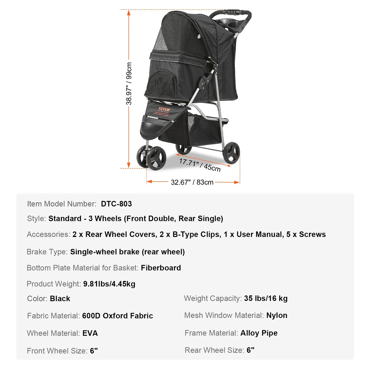 Poussette Chien-VEVOR 3 Roues