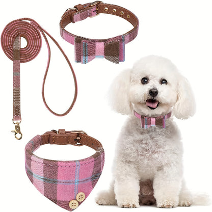 Collier chien- Plaid Leather Dog Collar Set with Bandana and Bowtie