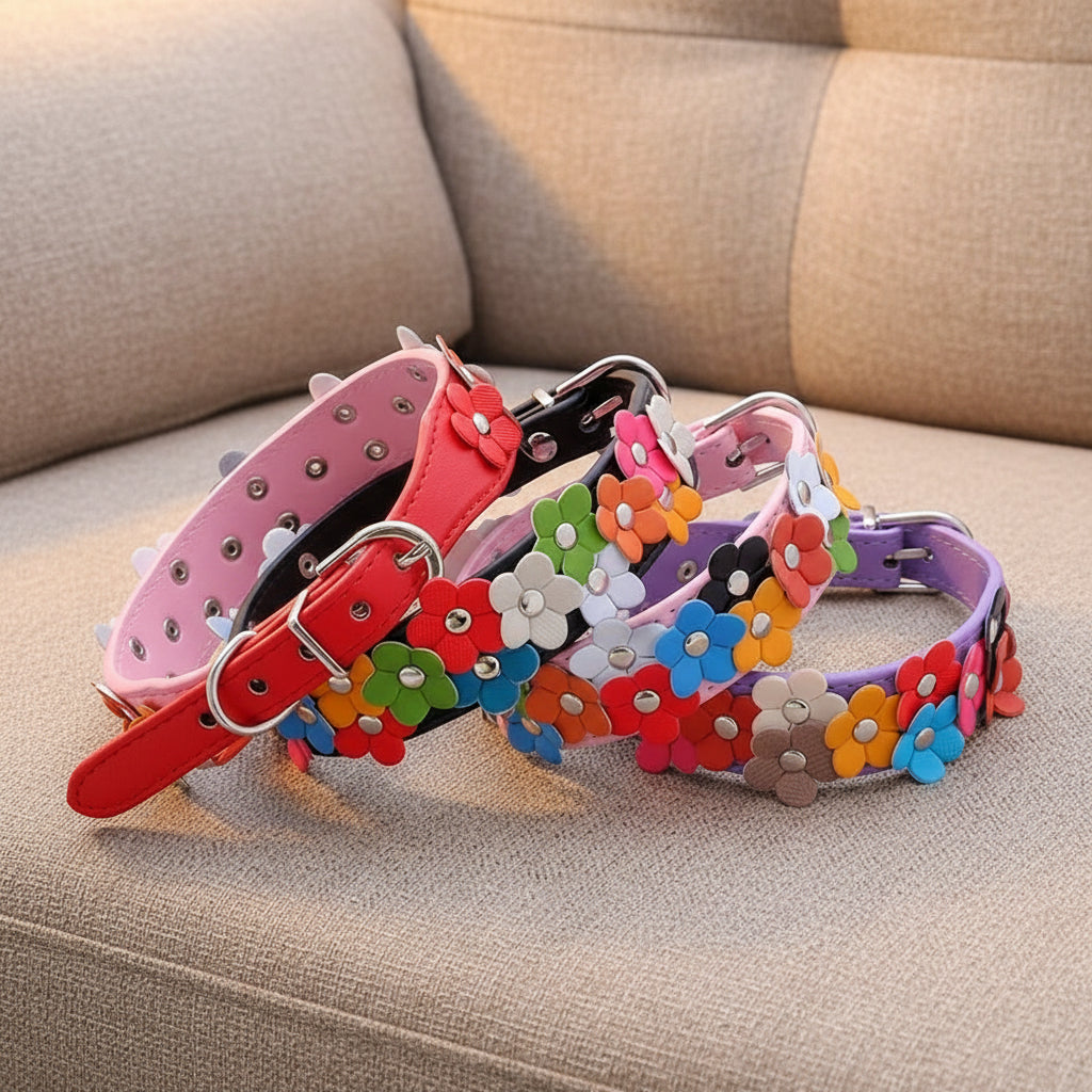 Collier en cuir pour chien - Double Row Of Flower - Le Chihuahua Voyageur