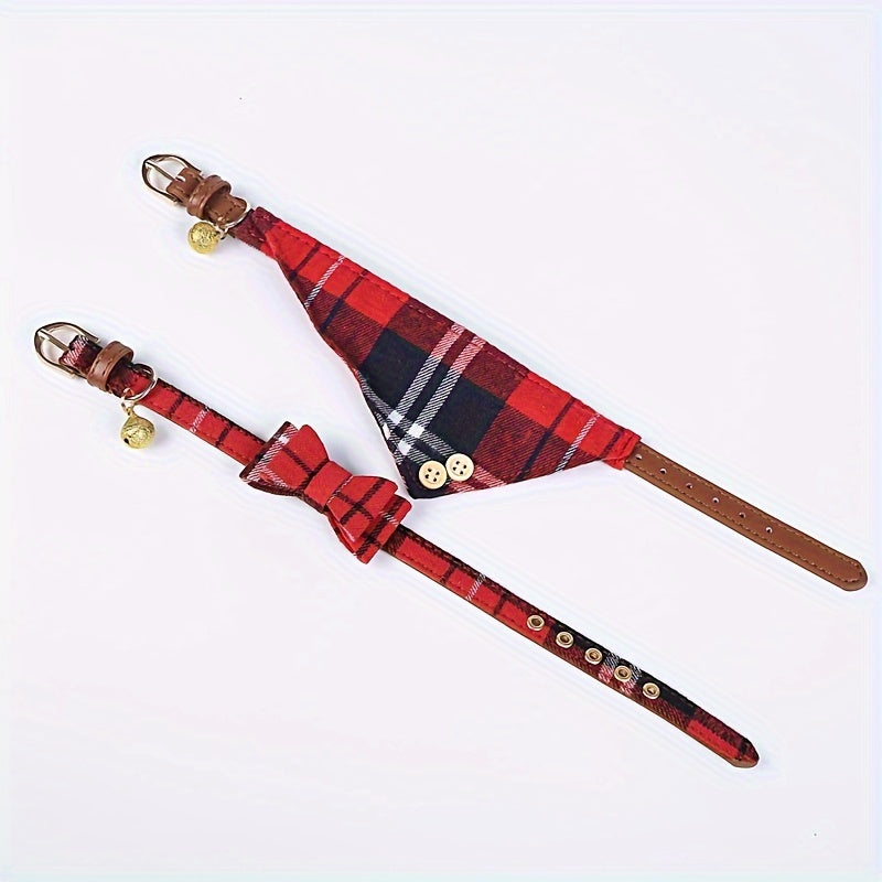 Collier chien- Plaid Leather Dog Collar Set with Bandana and Bowtie