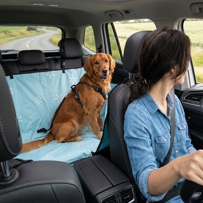 Housse voiture chien fleurs bleus