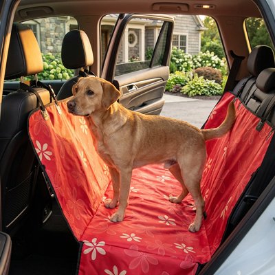Housse voiture chien fleurs rouges